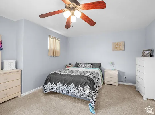 Carpeted room with a ceiling fan, light blue walls, and a window with blinds