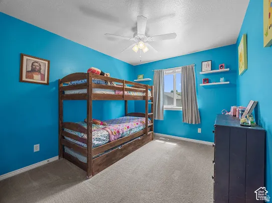 Carpeted room with a ceiling fan, a window with curtains, and wall-mounted shelving