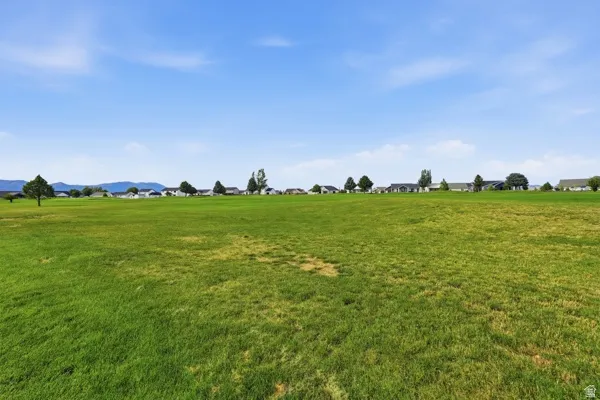 Expansive green field with distant residential structures and mountain backdrop