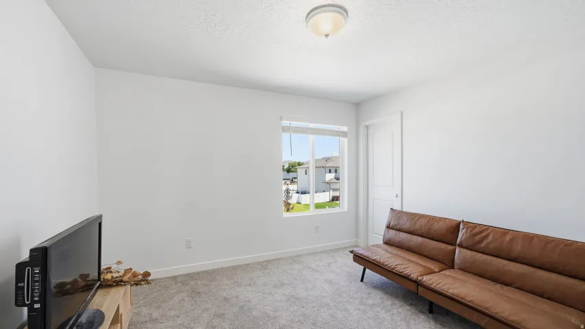 Plush carpet flooring, bright white walls, and a single window with white trim