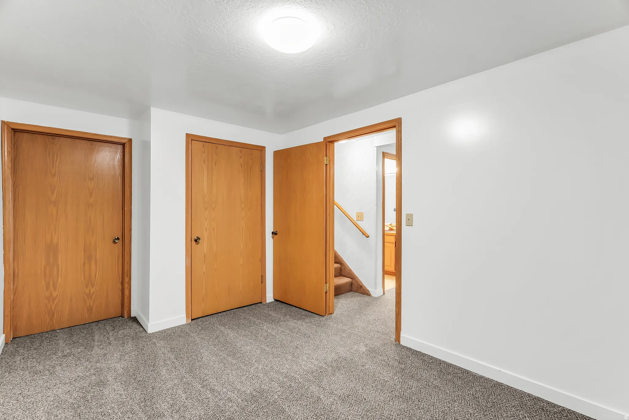 Neutral-toned carpet flooring, light wood-finish doors, white walls, and flush-mount ceiling lighting