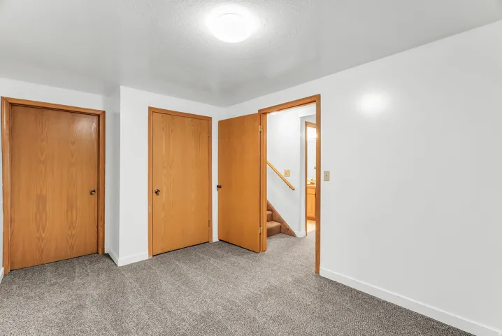 Neutral-toned carpet flooring, light wood-finish doors, white walls, and flush-mount ceiling lighting
