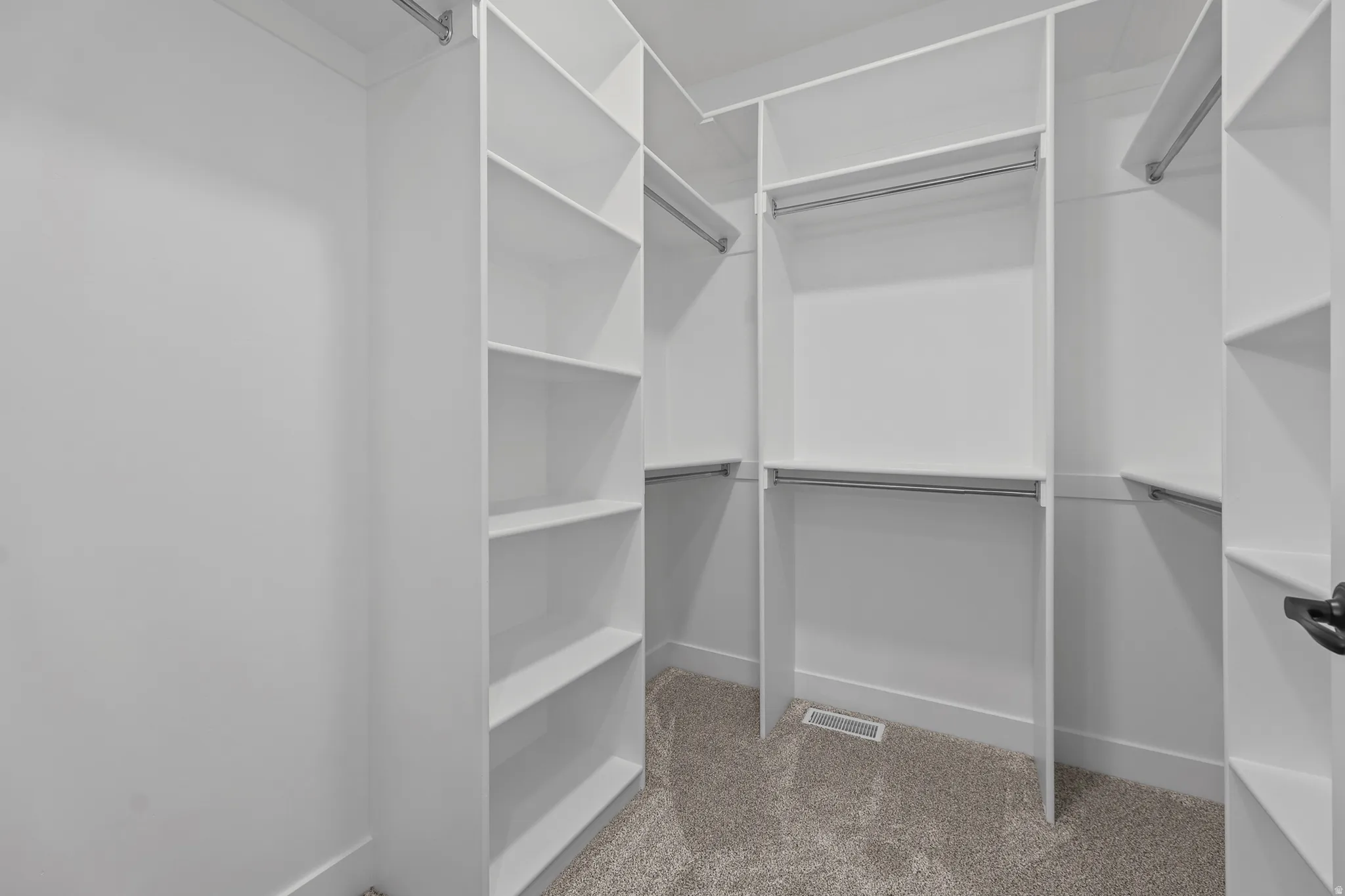 Built-in closet system featuring white shelving and chrome hanging rods over carpeted flooring