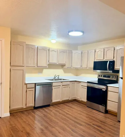 Kitchen featuring wood-finish flooring, light-toned cabinetry, white countertops, a stainless steel dishwasher, and a stainless steel oven with an integrated microwave