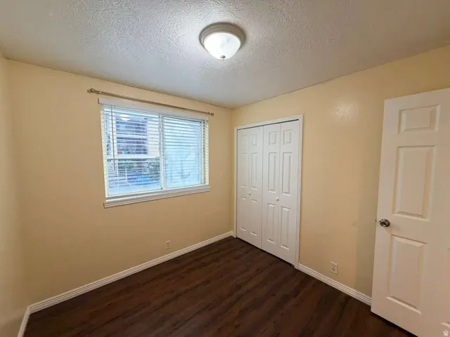 Wood-finish flooring, white bi-fold closet doors, window with blinds, overhead dome light fixture