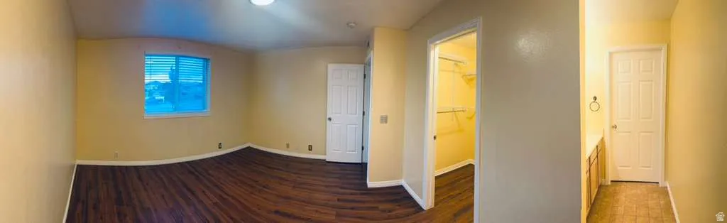 Wood-finish flooring throughout, window with blinds, overhead lighting, walk-in closet with shelving, and light-colored walls