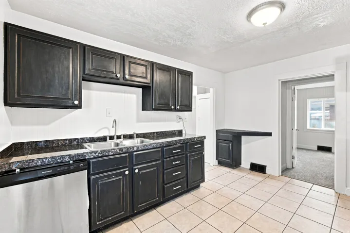 Kitchen featuring black cabinetry, dark speckled countertops, a stainless steel dishwasher, and a dual basin stainless steel sink