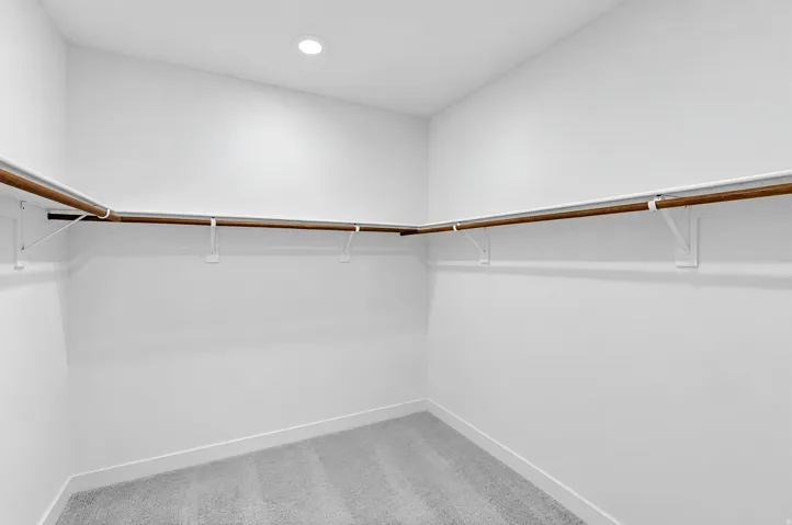 Spacious walk-in closet featuring white walls, light gray carpet, and wood-finish hanging rods