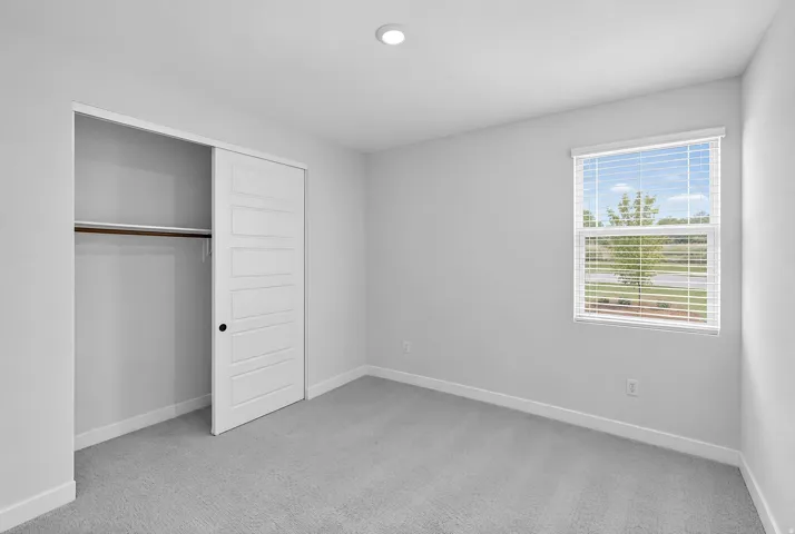 Light gray carpet, recessed ceiling light, window with white blinds, white sliding closet door with black hardware, and an interior closet rod