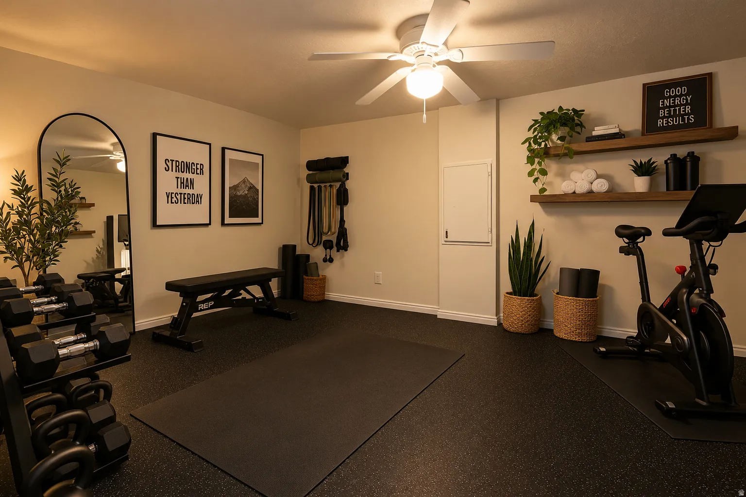 Basement room re-imagined as a cool workout room.