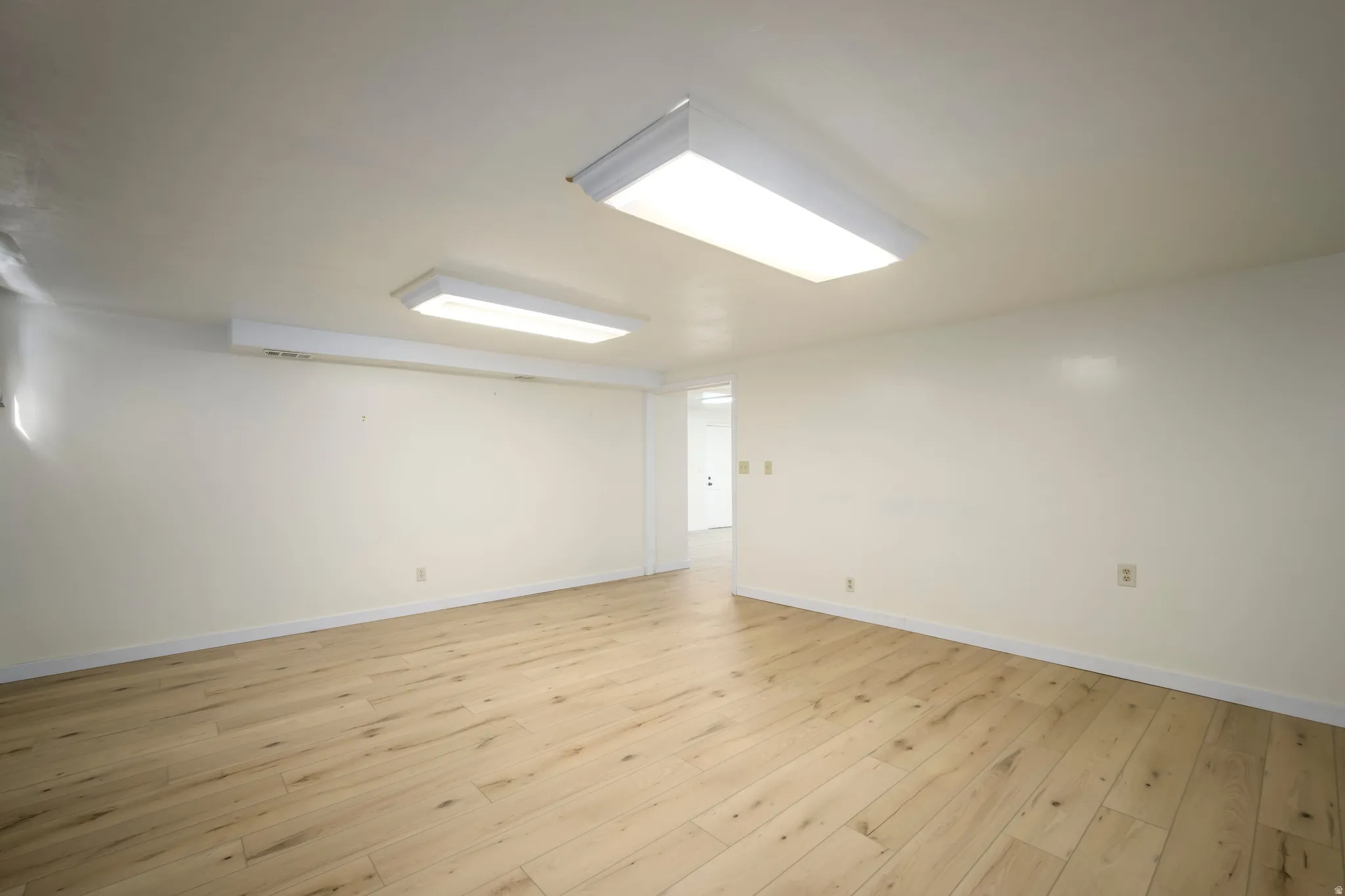 Light wood-finish flooring, white walls, and two ceiling-mounted rectangular light fixtures