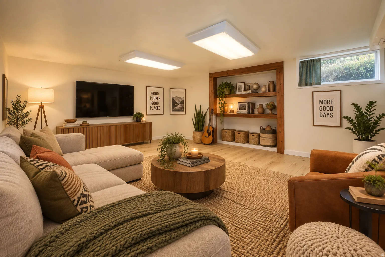 Wood-finish flooring with a built-in shelving unit, a television mounting area, and an egress window