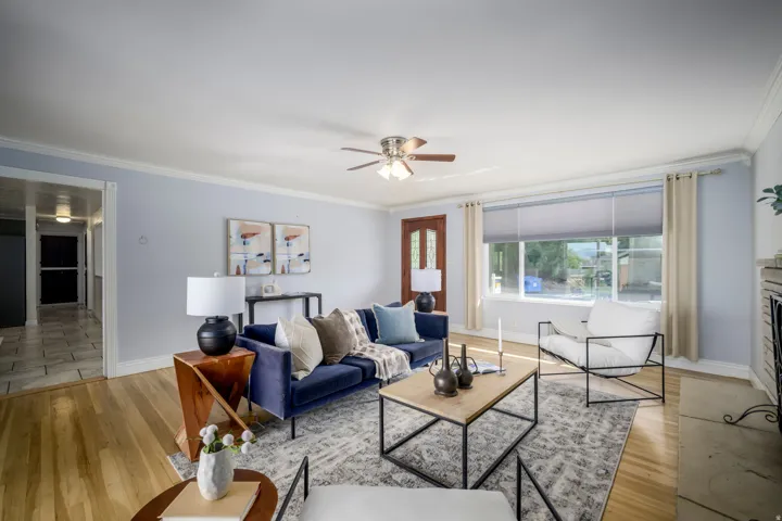 Wood-finish flooring, crown molding, and a ceiling fan