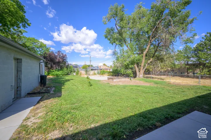 Expansive backyard featuring a mature tree, a raised garden bed, and a chain-link fence