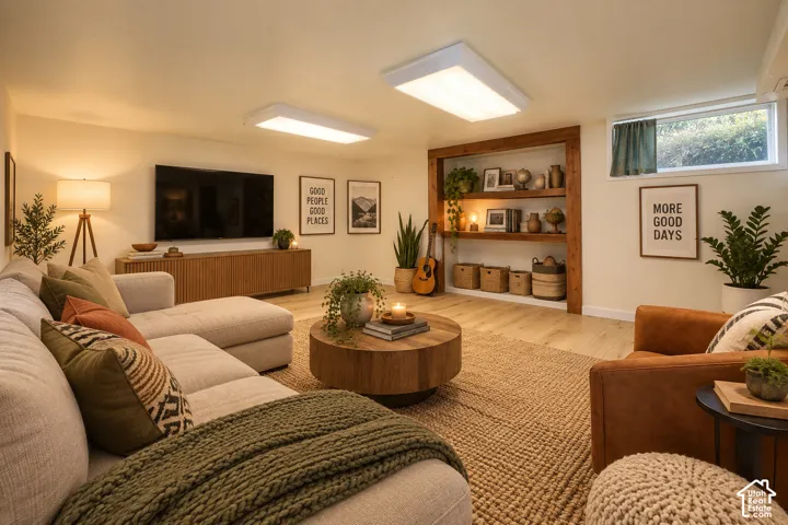Wood-finish flooring with a built-in shelving unit, a television mounting area, and an egress window