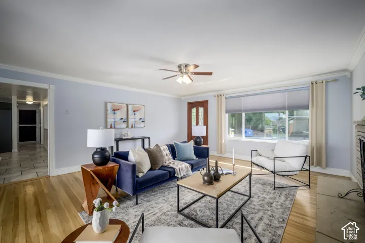 Wood-finish flooring, crown molding, and a ceiling fan
