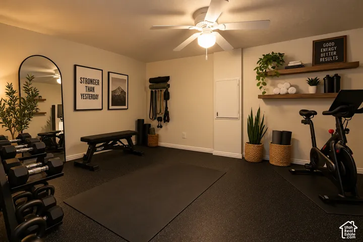 Basement room re-imagined as a cool workout room.