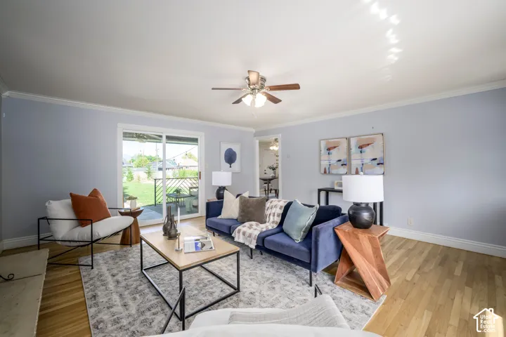Recessed lighting, wood-finish flooring, ceiling fan, and sliding glass door