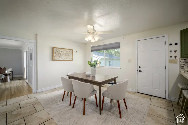 Tile flooring, white paneled door, window with roller shade, ceiling fan
