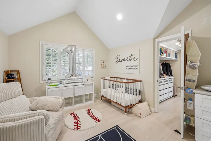 Vaulted ceiling, window with plantation shutters, wood-finish flooring, built-in shelving, organized closet system