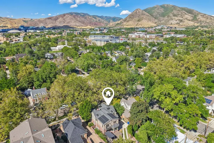 Aerial perspective showcasing an urban setting with abundant mature trees and distant mountains