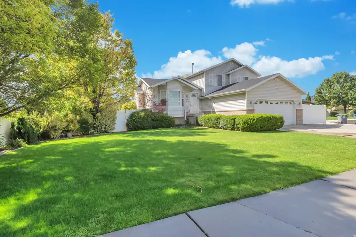 Expansive front lawn with mature trees and established landscaping