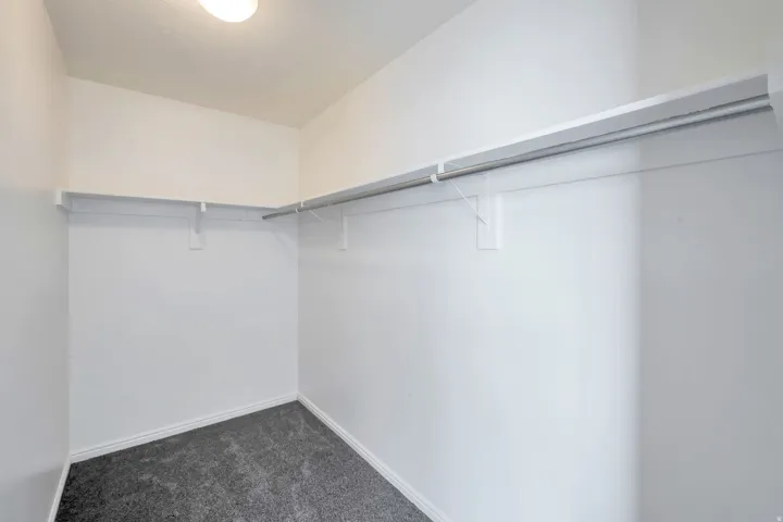 Recessed overhead lighting, white walls, built-in shelving, chrome hanging rods, and grey carpet flooring