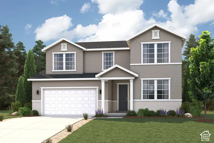 Two-story exterior with stucco finish, white trim, and a two-car garage
