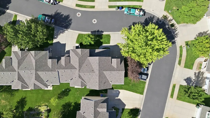 Top-down aerial view showing the home’s location within the community and its large corner lot.