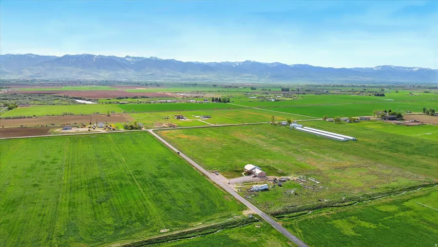 Expansive green fields, distant mountains with snow-capped peaks, and a clear blue sky