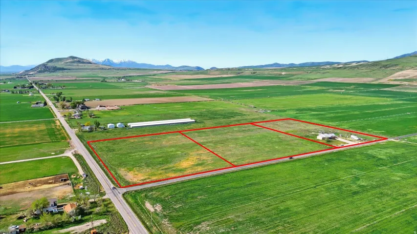 Expansive green fields with delineated property boundaries, a paved road, and distant mountain scenery