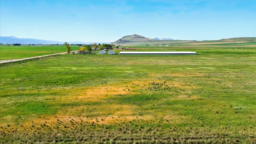 Expansive green fields with distant agricultural structures and a mountain backdrop