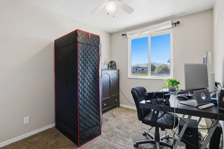 Window with outdoor scenery, ceiling fan, dark wood-finish cabinet, and carpeted flooring