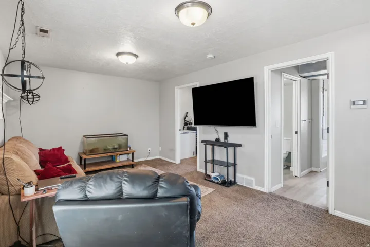 Finished basement recreation room featuring plush carpeting, recessed and flush-mount ceiling lighting, wall-mounted flat-screen display, built-in media console with shelving, and direct access to additional rooms through white six-panel doors