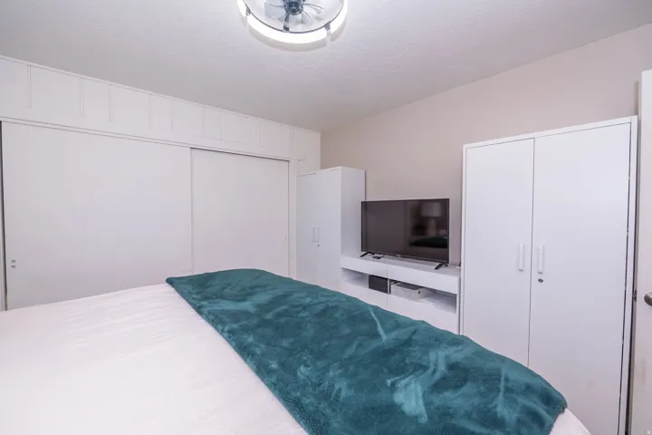 Built-in wardrobe with sliding doors, ceiling fan with integrated lighting, and neutral wall paint