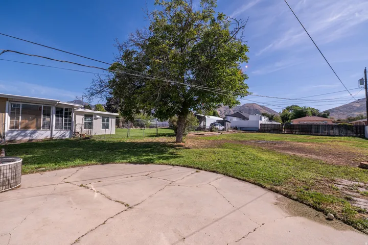 Expansive concrete patio with a large shade tree, a grass lawn, and fencing