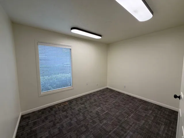 Neutral wall paint, patterned carpet flooring, window with blinds, recessed lighting, and a white door with a black handle
