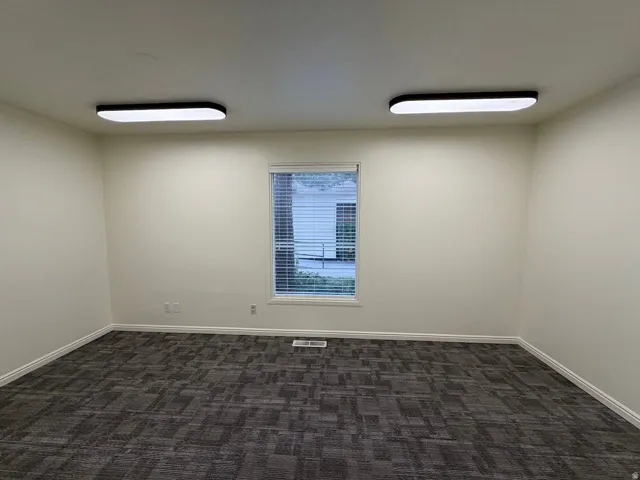 Recessed window with blinds, two ceiling-mounted light fixtures, textured carpet flooring, and white baseboards
