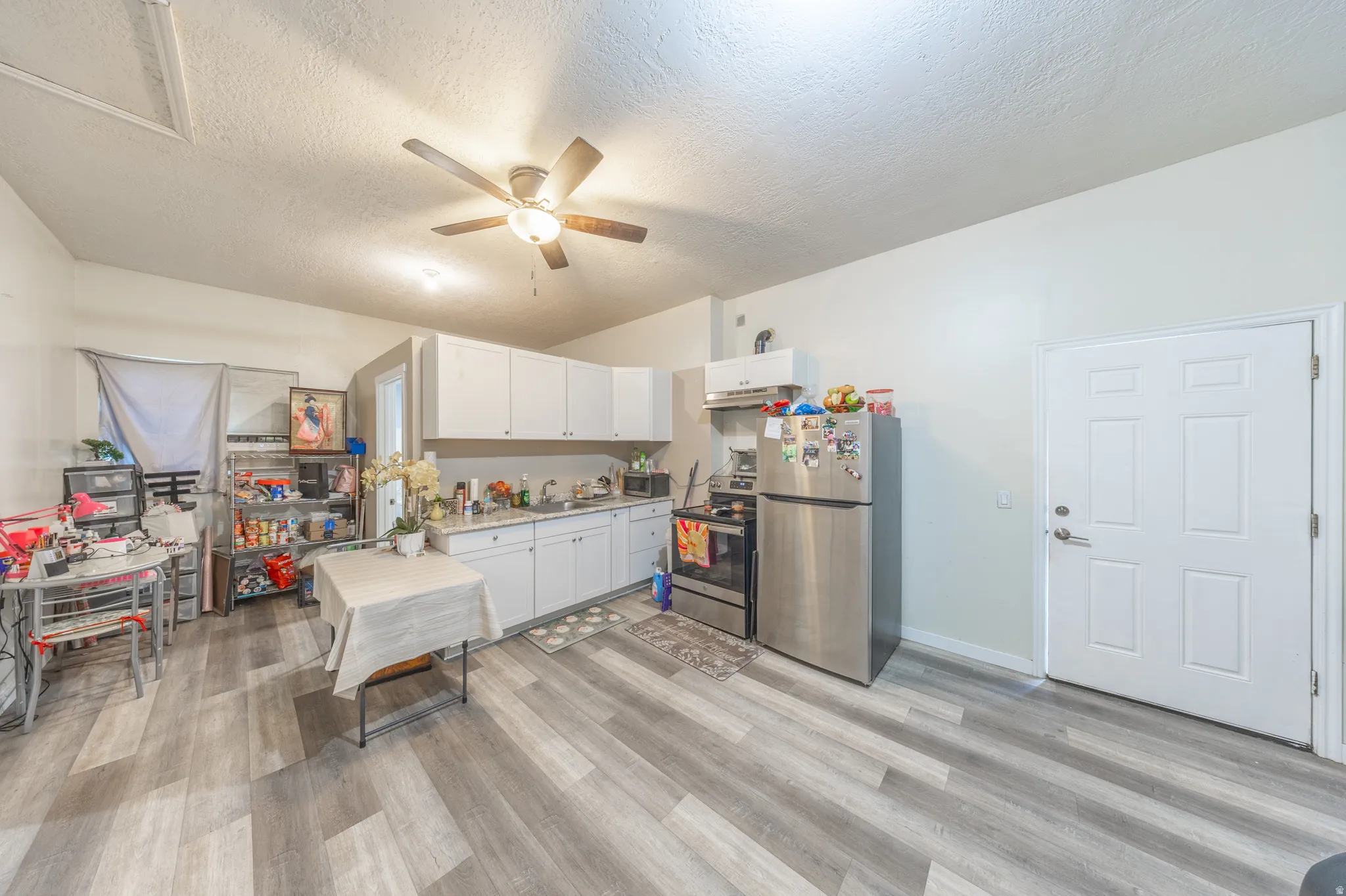 Wood-finish flooring, white cabinetry, stainless steel appliances, ceiling fan, and white paneled door
