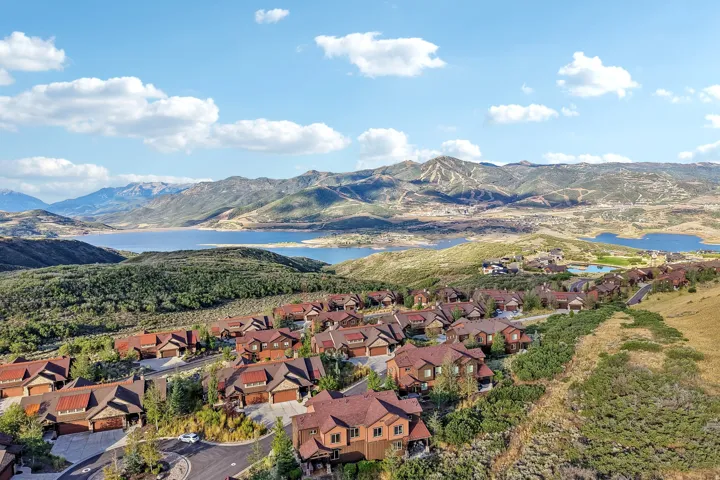 Aerial view of Jordanelle Reservoir above the rooftops of the Rustler at Hideout community in Hideout, Utah.