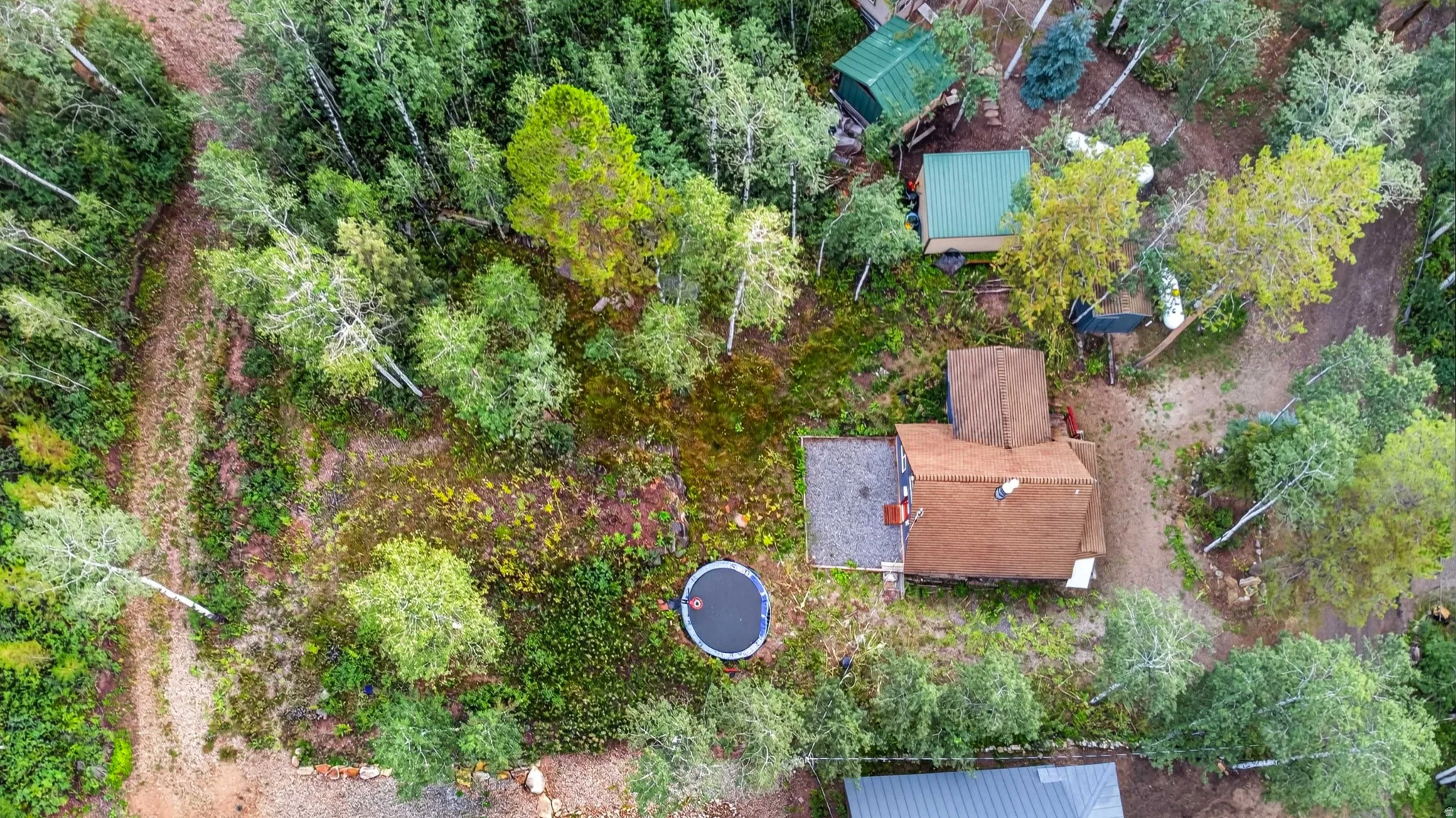 Wooded lot with a main residence featuring a brown shingle roof, accompanied by two additional outbuildings with green roofs