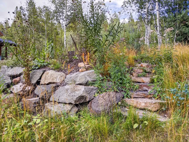 Terraced landscaping featuring natural stone retaining walls and stone steps, surrounded by mature trees and varied plantings