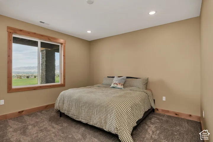 Recessed ceiling lighting, wood-trimmed window, window with exterior stone column, neutral wall color, and carpet flooring