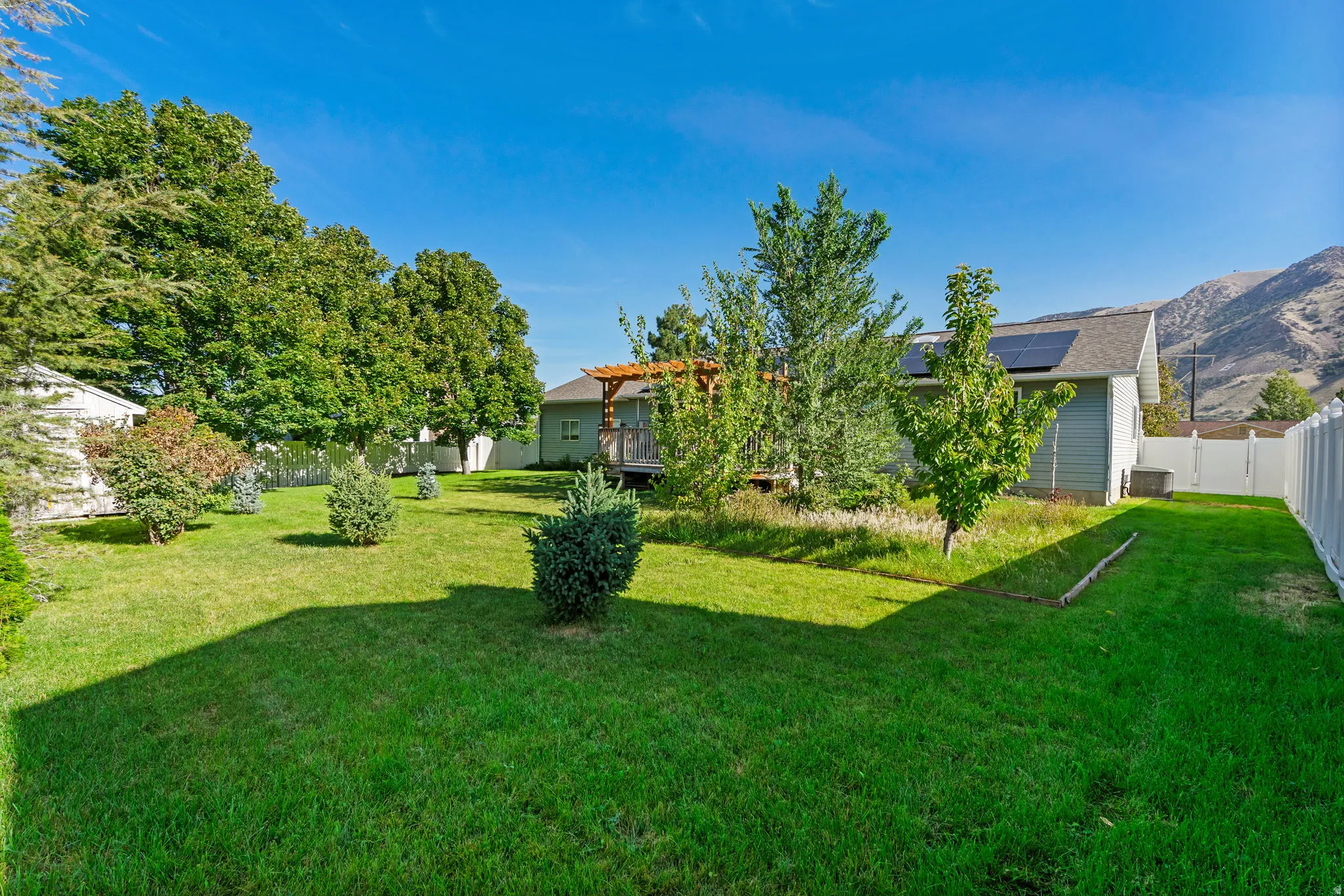 Expansive backyard with a manicured lawn, established trees, and a white privacy fence
