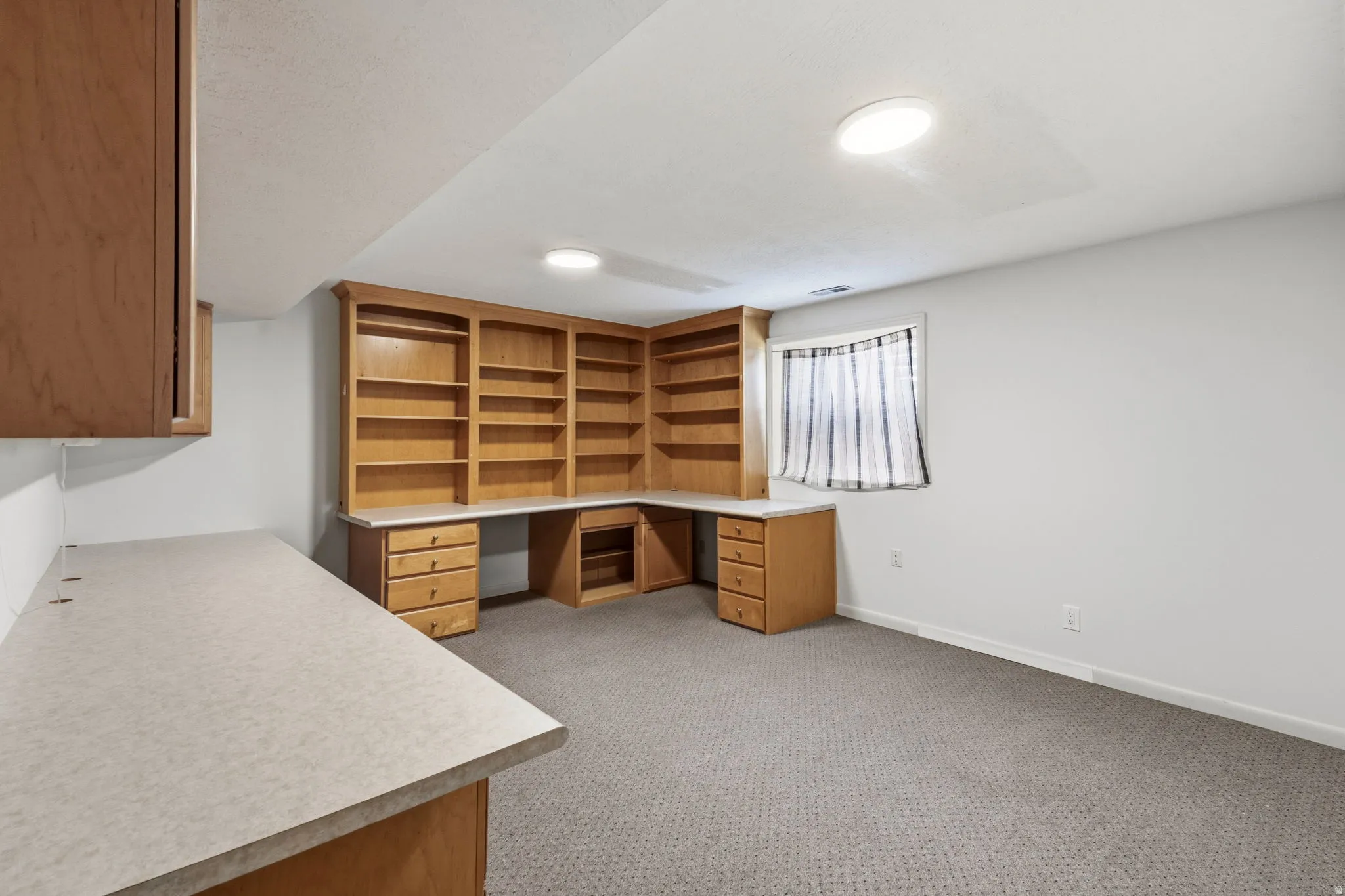 Built-in shelving, integrated desk space, upper cabinetry, and carpeted flooring