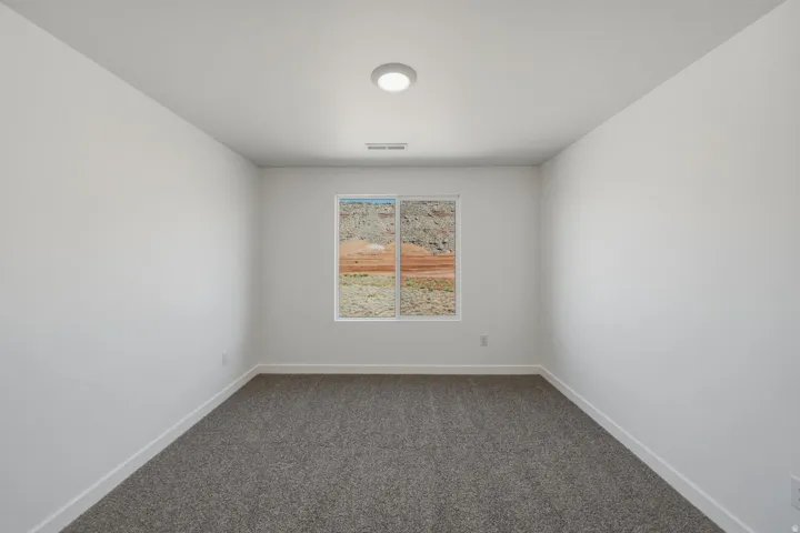 Neutral-toned carpeting, white walls, and a single window with a desert landscape background