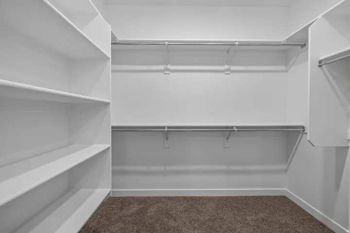 Built-in shelving, multiple hanging rods, and ample storage space