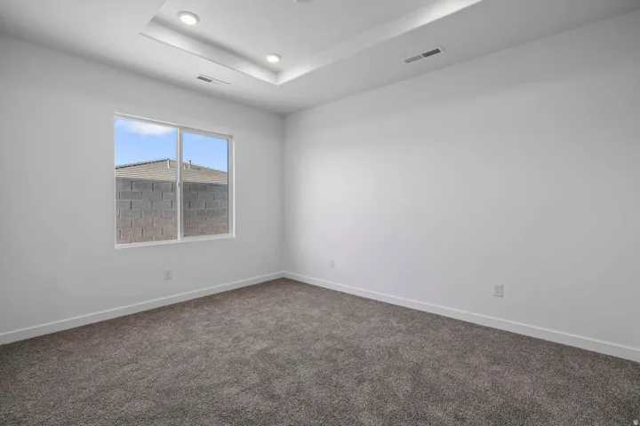 Recessed ceiling lights, tray ceiling, wall-to-wall carpeting, and a dual-pane window