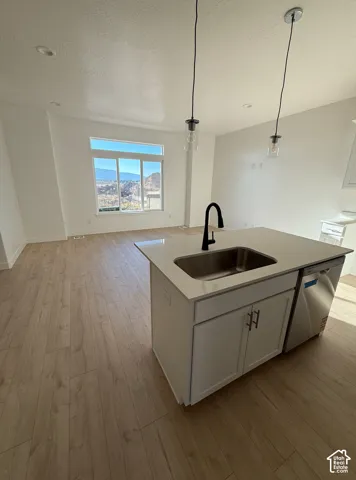 Modern kitchen island featuring a stainless steel undermount sink, matte black gooseneck faucet, white cabinetry with hardware accents, and wood-finish flooring