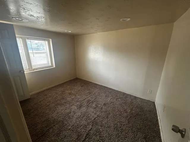 Recessed ceiling lighting, textured ceiling, light-colored walls, window with blinds, and brown carpet
